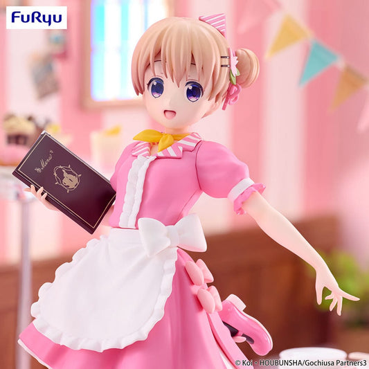 Is the Order a Rabbit: BLOOM Cocoa figure in pink waitress outfit holding a book, with detailed apron and striped hair ties, on a plain background.