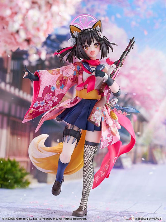 Blue Archive Izuna 1/7 scale figure in colorful kimono, fox ears, holding a weapon mid-motion