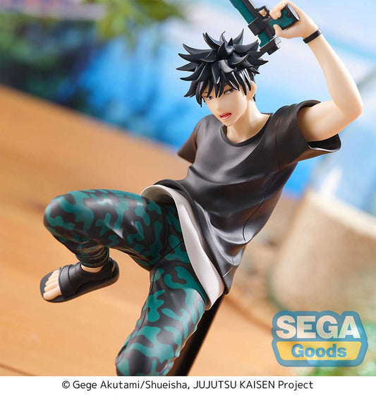 Jujutsu Kaisen SPLASH x BATTLE Re: Megumi Fushiguro Figure featuring dynamic action pose, black and green camo pants, and detailed accessories, perfect for fans and collectors.