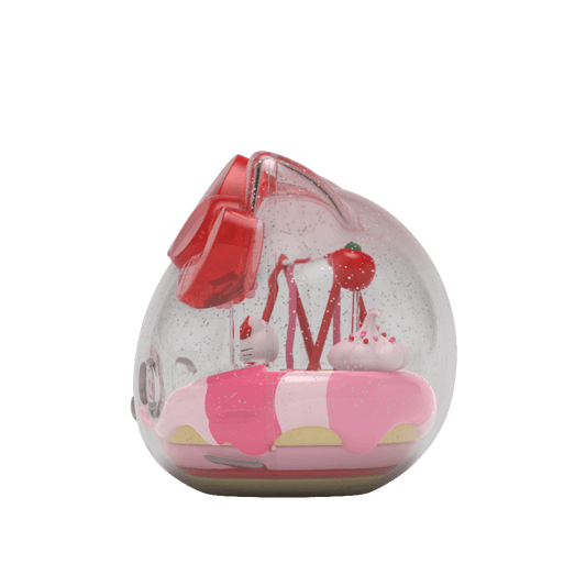 Kandyland: Sanrio Hello Kitty collectible globe, featuring Hello Kitty in a candy-themed setting with cupcakes and a merry-go-round, encapsulated in a clear, sparkling globe shaped like Hello Kitty's head and bow.