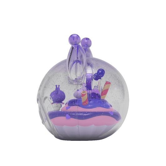Kandyland: Sanrio Kuromi figure, featuring Kuromi lounging among purple and pink candy decorations inside a clear, glitter-filled globe with her signature jester cap design.