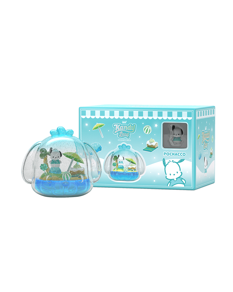 Kandyland: Sanrio Pochacco figure in a beach setting, with Pochacco lounging under a green umbrella surrounded by beach accessories, encased in a glitter-filled globe topped with a bright blue bow.