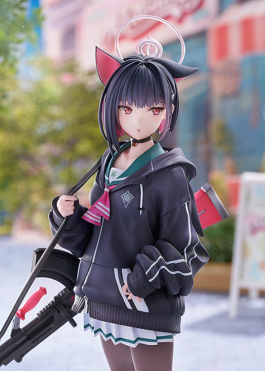 Blue Archive Kazusa 1/7 Scale Figure wearing black hoodie, tights, cat ears, and holding sniper rifle with a confident expression.