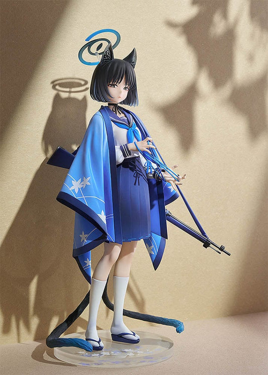 Kikyou from Blue Archive in a 1/7 scale figure, featuring a traditional Japanese-inspired outfit with modern elements, complete with a blue cape and mystical staff. Her poised and serene expression reflects her wise and enchanting persona.