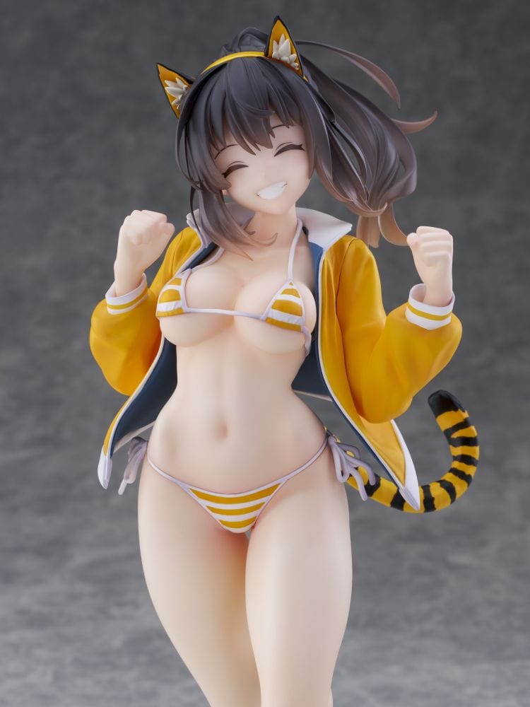 KoiKoi Sakura Torako no Chobimi 1/6 scale figure in striped bikini with tiger ears and tail, posing cheerfully in a sporty outfit.