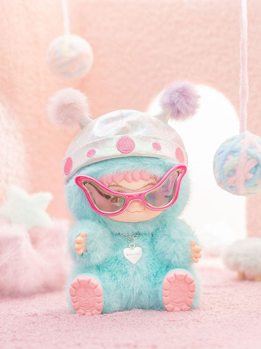 WAKUKU Fuzzy Trendy Fun Party Series Trading Figures, showcasing a group of colorful and soft figures in animal-themed outfits, arranged playfully on a plush background, ideal for collectors and as delightful decorations in any setting.