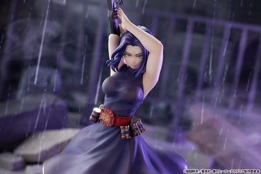 Lady Nagant from My Hero Academia in action, holding her rifle up, dressed in a purple outfit with blue hair, standing on a base with a colorful 'BLAM!' effect.