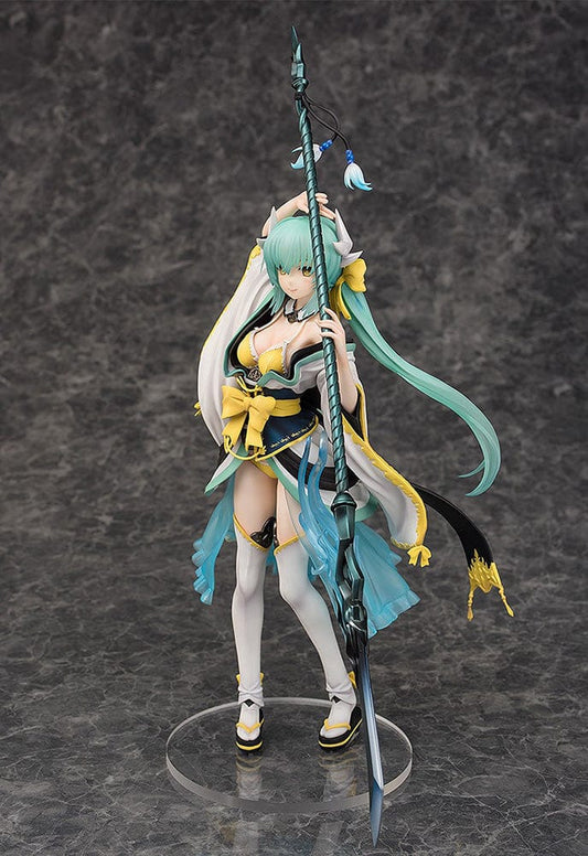 Fate/Grand Order Lancer/Kiyohime 1/7 scale figure, featuring Kiyohime in a dynamic battle pose with a turquoise halberd, detailed costume, and flowing cape.