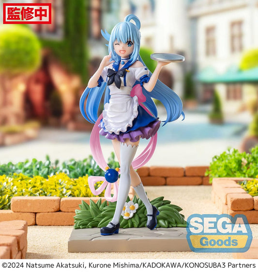 Vibrant KonoSuba Luminasta Aqua figure in her Season 3 attire, featuring her bright blue hair and a cheerful pose with a serving tray, set against a lush, grassy base with floral accents.