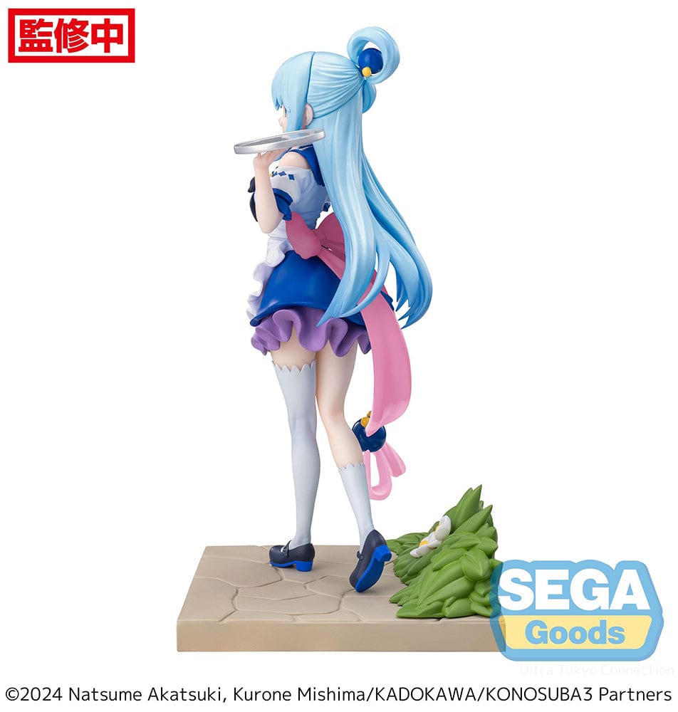 Vibrant KonoSuba Luminasta Aqua figure in her Season 3 attire, featuring her bright blue hair and a cheerful pose with a serving tray, set against a lush, grassy base with floral accents.
