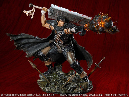 1/7 scale figure of Guts from 'Berserk' in his Black Swordsman version, wielding a large sword and standing on a base with defeated enemies, exemplifying his warrior persona.