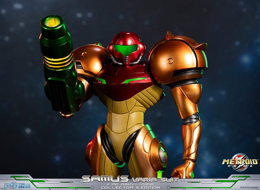 Metroid Prime Samus (Varia Suit) Collector's Edition Statue, featuring Samus in her iconic armored suit with a charged arm cannon, standing on a futuristic silver and red base, detailed with a reflective metallic finish.
