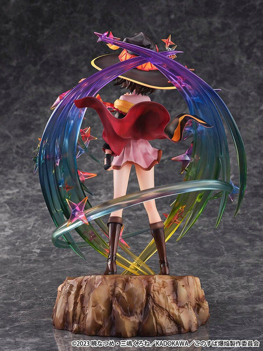 1/7 scale Shibuya Scramble figure of Megumin from KonoSuba in the 'Yearning for Explosion Magic Ver.', featuring her casting a spell with colorful magic ribbons and stars surrounding her, wearing her iconic witch's hat and outfit, against a rugged terrain base.