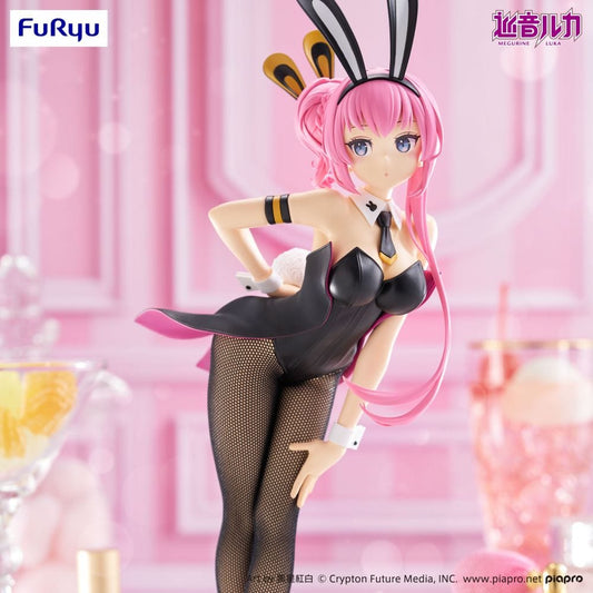 Megurine Luka BiCute Bunnies figure in a black bunny outfit, fishnet tights, and heels, leaning forward with a soft expression and pink hair buns.