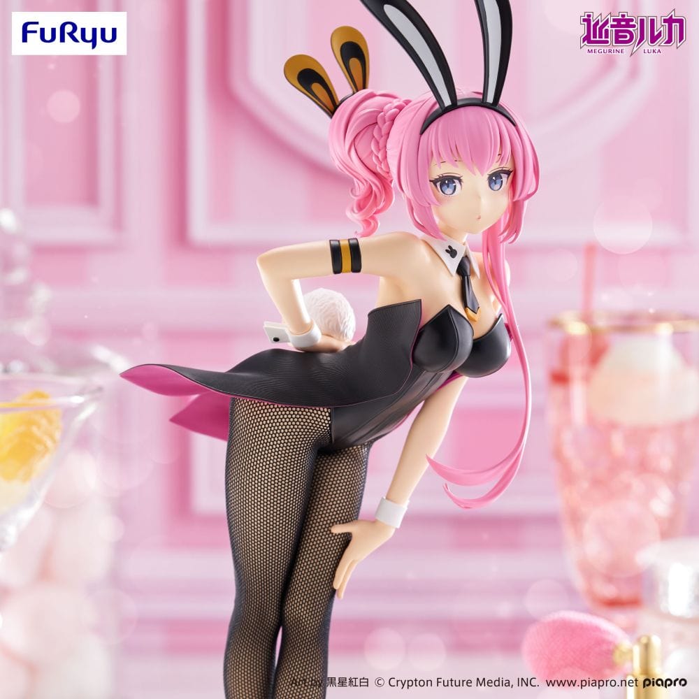 Megurine Luka BiCute Bunnies figure in a black bunny outfit, fishnet tights, and heels, leaning forward with a soft expression and pink hair buns.