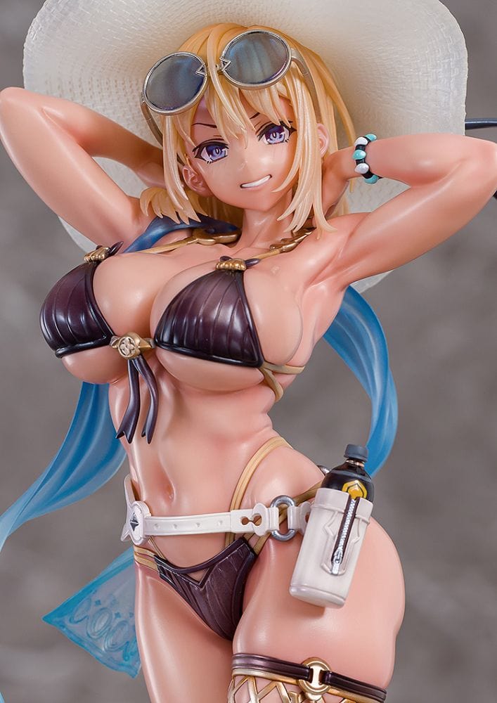 “Illustration Mira (Sunset Ver.) 1/7 scale figure—blonde with blue hair tips in dark bikini, sunhat and sunglasses, standing on sandy base with suitcase.”