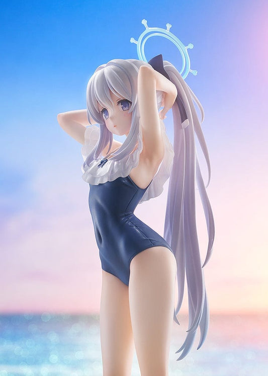Miyako Tsukiyuki (Swimsuit Memorial Lobby Ver.) 1/7 Scale Figure from Blue Archive in a navy blue swimsuit with silver hair, adjusting her hair with a calm expression