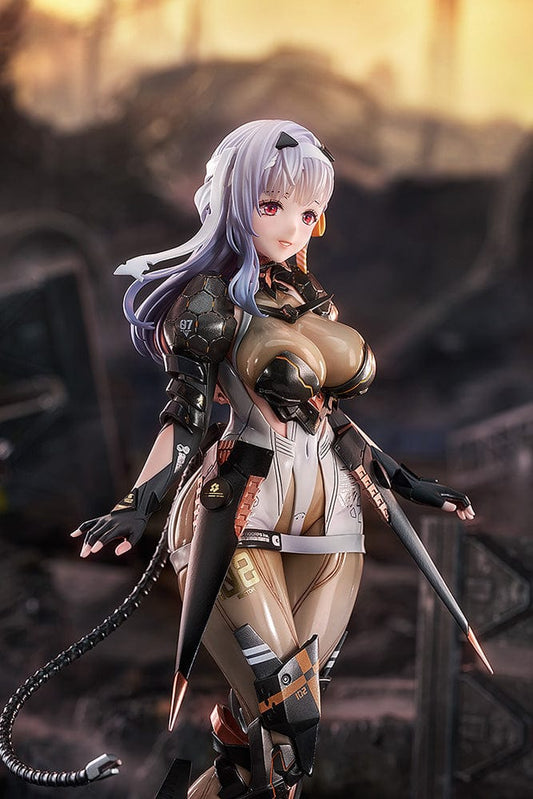Goddess of Victory: Nikke Modernia 1/7 Scale Figure, featuring Modernia in full combat gear with detailed armor and weaponry, posed assertively on a simulated battlefield base.