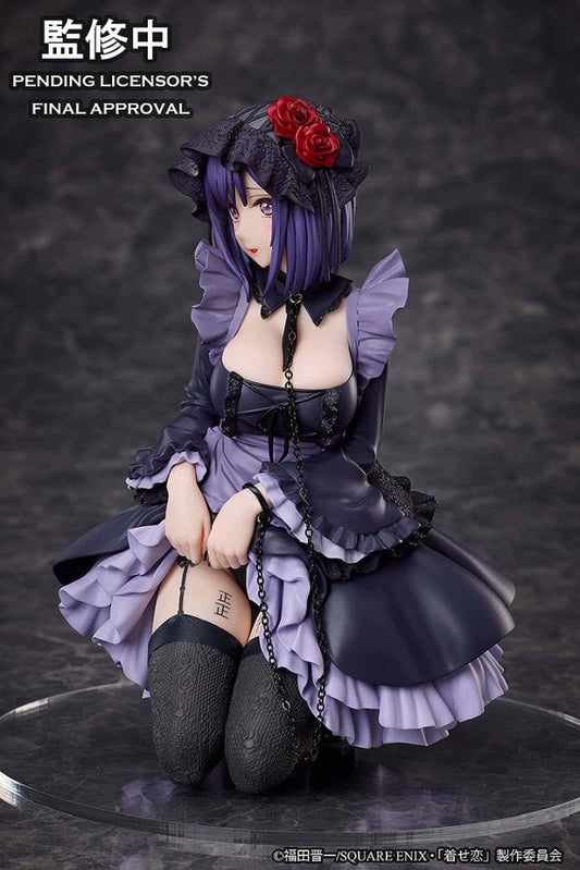 My Dress-Up Darling Marin Kitagawa Shizuku Kuroe cosplay figure in gothic lolita outfit with roses and kneeling pose.