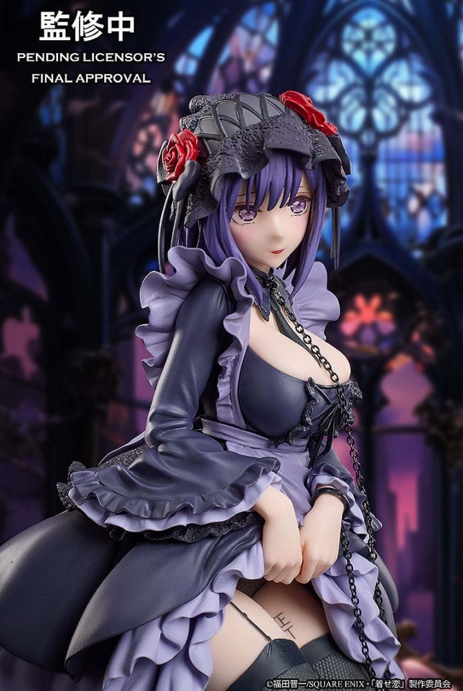 My Dress-Up Darling Marin Kitagawa Shizuku Kuroe cosplay figure in gothic lolita outfit with roses and kneeling pose.