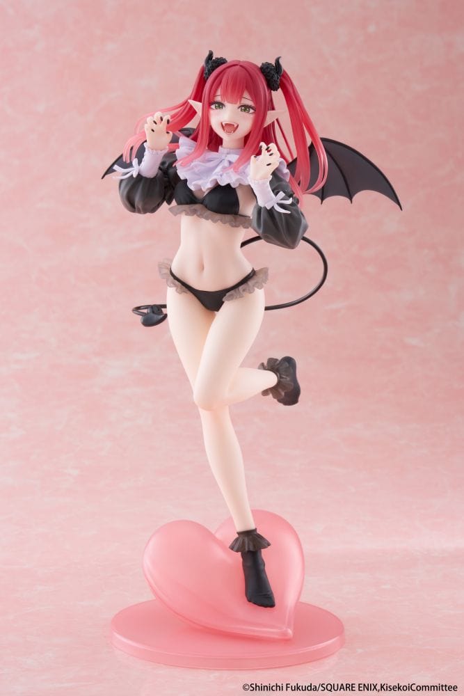 Marin Kitagawa (Liz Ver.) figure from My Dress-Up Darling, wearing a succubus cosplay with horns, wings, and a black ruffle outfit, standing on a pink heart-shaped base.