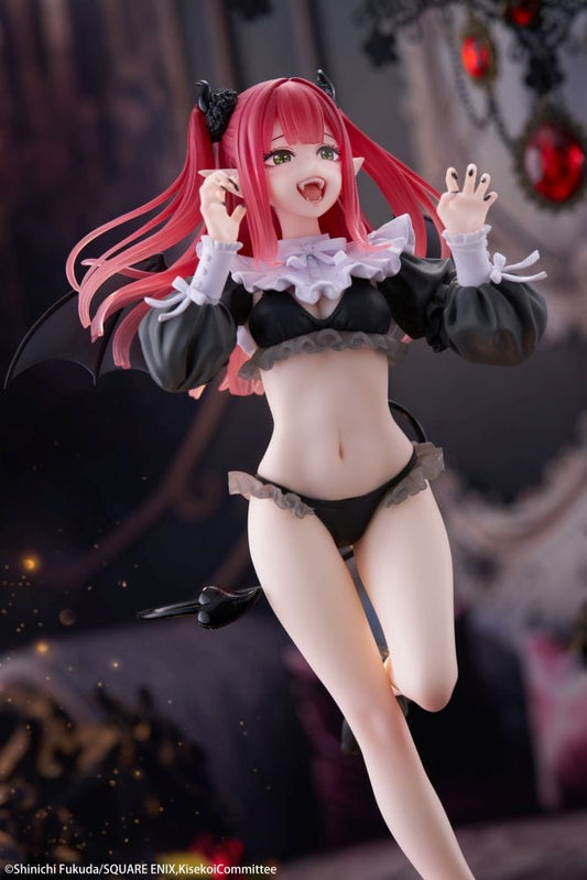 Marin Kitagawa (Liz Ver.) figure from My Dress-Up Darling, wearing a succubus cosplay with horns, wings, and a black ruffle outfit, standing on a pink heart-shaped base.