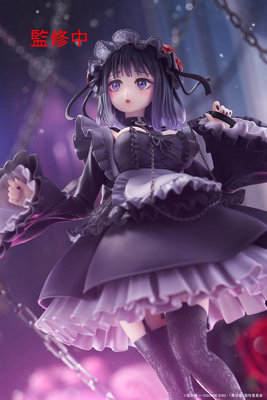 My Dress-Up Darling T-Most Figure of Marin Kitagawa in Shizuku Kuroe Version, featuring detailed Gothic Lolita attire, posed on a red heart-shaped base.