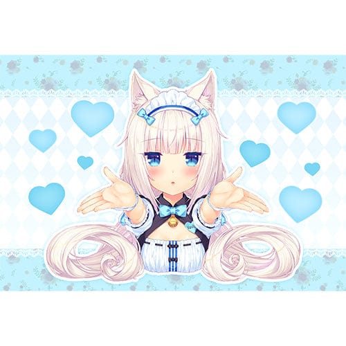 Pillow cover featuring the character Vanilla from Nekopara, depicted with a loving expression and surrounded by blue heart designs on one side and a series logo pattern on the other.