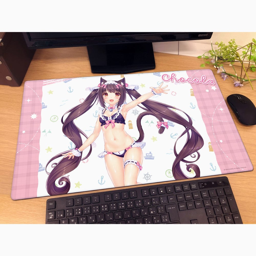 Decorative rubber mat featuring Chocola from Nekopara in a maid swimwear outfit, posing joyfully on a pastel background decorated with playful sea and sky elements.