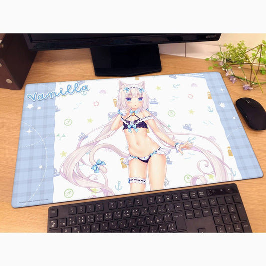 Rubber mat showcasing Vanilla from Nekopara in a maid-themed swimwear, striking a gentle pose on a light blue background decorated with nautical and celestial symbols.
