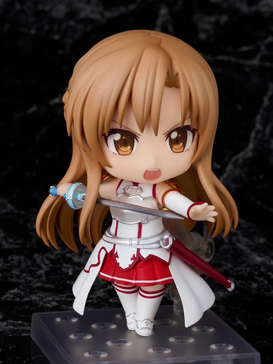 Sword Art Online Nendoroid Asuna 2.0 featuring Asuna in her Knights of the Blood Oath outfit, holding her Lambent Light sword with an articulated chibi-style design.