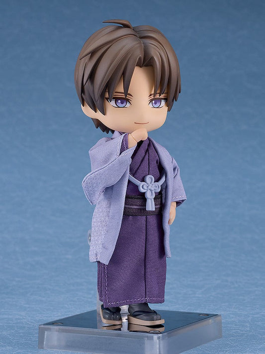 Touken Ranbu Nendoroid Doll Heshikiri Hasebe (Casual Outfit Ver.), featuring the character in a traditional purple and blue kimono with detailed texture, complemented by an elegant obi and sandals, providing a serene and dignified look.