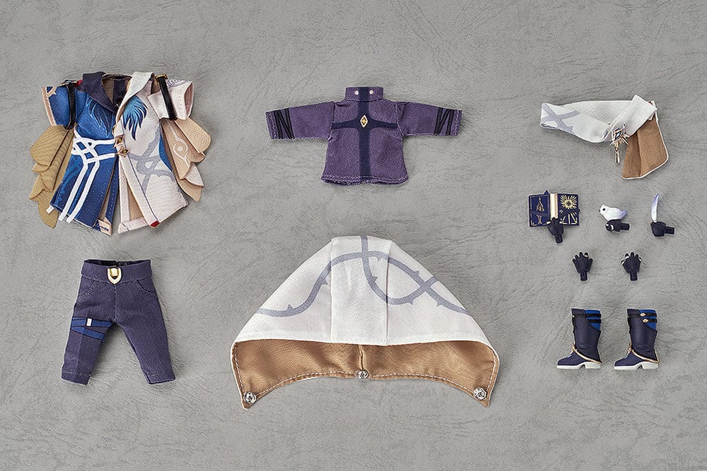 Nendoroid Doll Sunday from Honkai: Star Rail, wearing ornate robes and holding a book with a golden halo above his head.