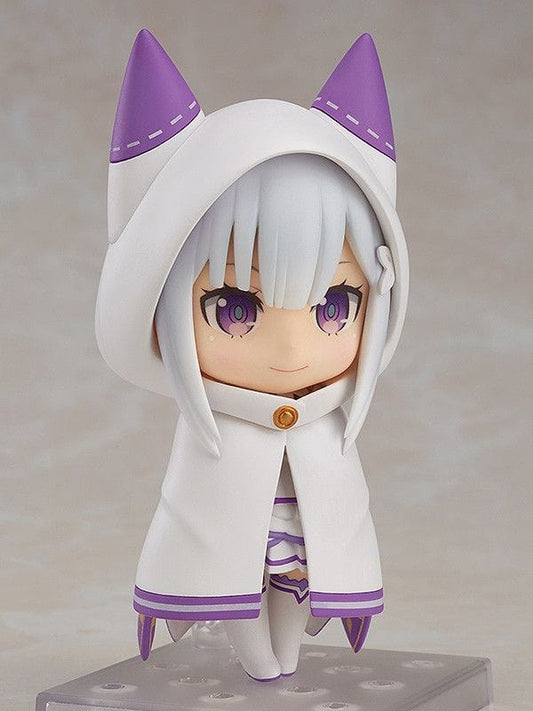 Re:Zero Nendoroid No.751 Emilia figure in white and purple outfit with Puck spirit figure floating beside her, detailed chibi style with purple eyes