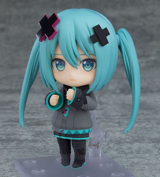 Nendoroid No.2848 Hatsune Miku (Shuttered SEKAI Ver.) from Colorful Stage! The Movie – dark outfit, teal pigtails, and cross-shaped hair clips