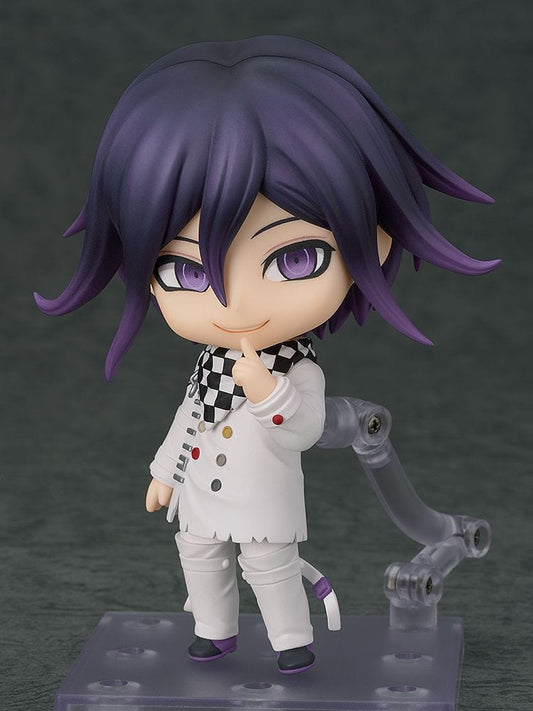 Nendoroid Kokichi Oma from Danganronpa V3: Killing Harmony in white uniform, black cloak, leader’s hat, and purple hair, smiling with open arms.