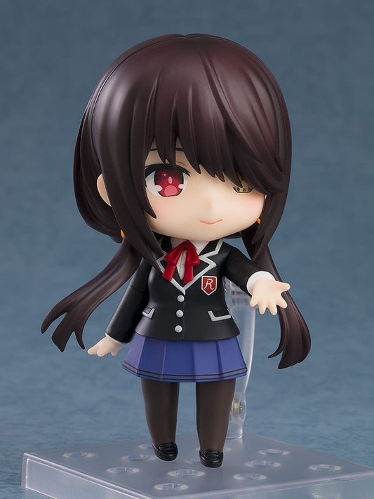 Nendoroid figure No.2455 of Kurumi Tokisaki from Date a Live, dressed in her school uniform, with a coy expression, detailed brown hair, and her signature clock eye, encapsulating her unique blend of schoolgirl innocence and timeless beauty.