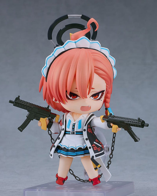 Blue Archive Nendoroid No.2699 Neru Mikamo in a stylized school uniform with tactical gear, wielding a rifle and featuring distinctive red hair and an intense gaze, perfect for dynamic posing and display.