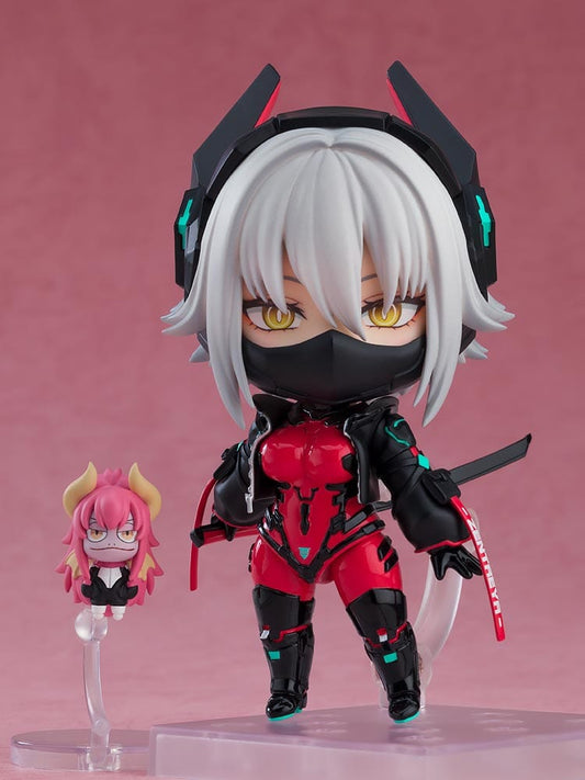 VShojo Nendoroid No. 2726 Zentreya featuring a chibi-style figure with a red and black exosuit, cybernetic headset, and fierce golden eyes.