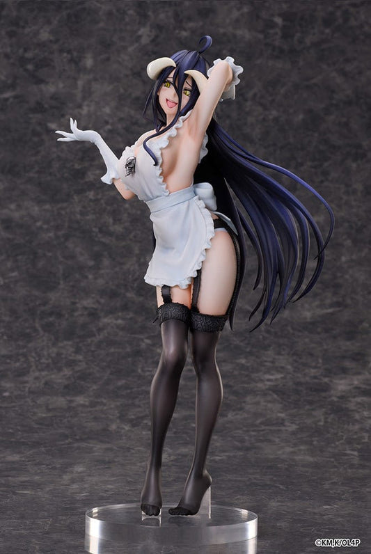 OVERLORD Albedo 1/7 scale figure in a flirtatious pose, wearing a white dress with ruffled trim, black garter stockings, and her iconic long dark hair flowing elegantly, set against a dark background.
