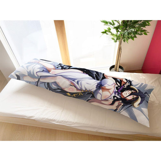 Overlord: The Sacred Kingdom Original Illustration Dakimakura Cover featuring Albedo in a 2-way tricot version, with artistic renditions of her in a barely-there outfit and a luxurious white gown, highlighted by her iconic black wings and intricate silver jewelry.
