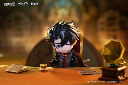 Genshin Impact Wriothesley Piccodo Action Doll wearing his signature outfit with a cape, chain accessory, and gothic boots, standing on a black background.