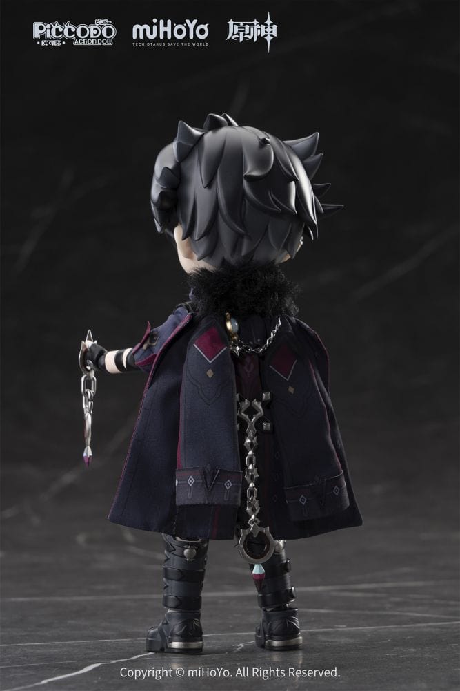 Genshin Impact Wriothesley Piccodo Action Doll wearing his signature outfit with a cape, chain accessory, and gothic boots, standing on a black background.