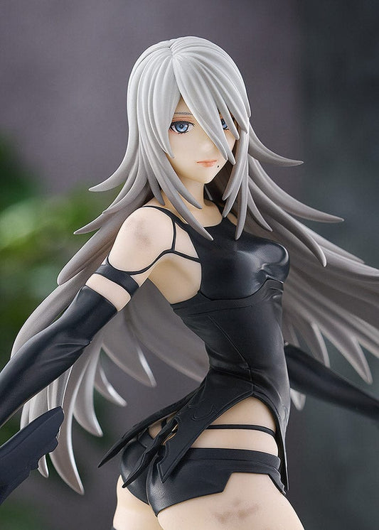 NieR: Automata Pop Up Parade A2 (YoRHa Type A No.2) Figure featuring A2 in a dynamic pose with flowing silver hair, a massive sword, and a battle-worn black outfit.