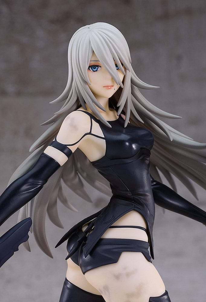 NieR: Automata Pop Up Parade A2 (YoRHa Type A No.2) Figure featuring A2 in a dynamic pose with flowing silver hair, a massive sword, and a battle-worn black outfit.