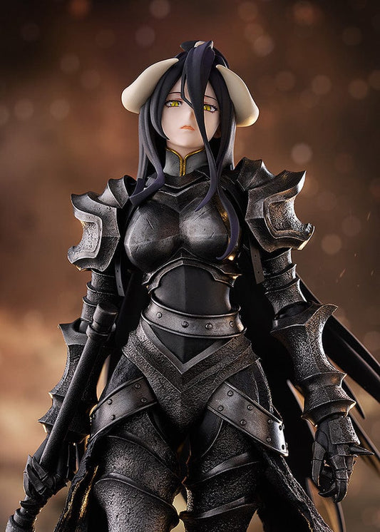 Overlord Pop Up Parade L Albedo in dark black armor holding a large battle axe, with flowing hair and intricate details.