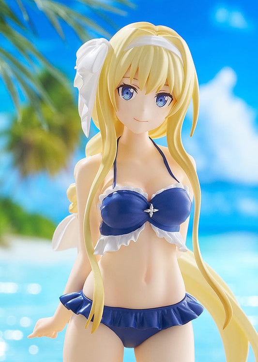Sword Art Online: Alicization Pop Up Parade Beach Queens Alice figure, featuring Alice in a blue bikini, with flowing blonde hair and a serene expression, set against a plain background for a striking display.