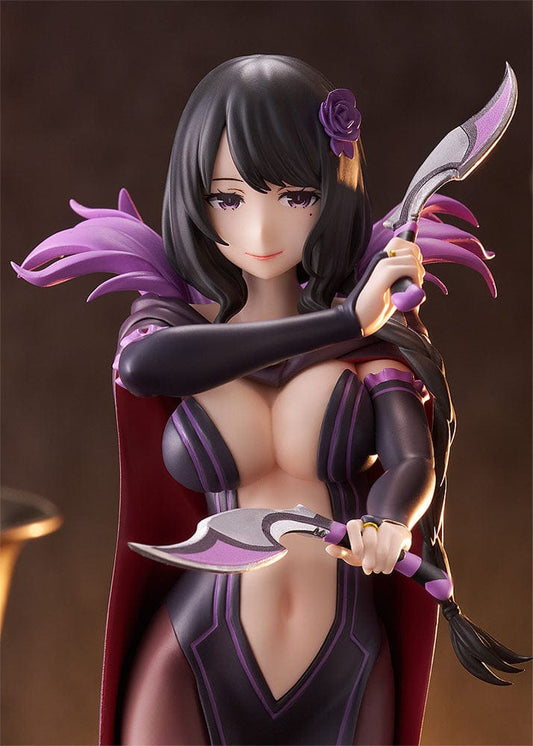 Re:Zero - Starting Life in Another World Pop Up Parade L Size Elsa Granhiert Figure – a detailed anime figure featuring Elsa in a sleek black and purple assassin’s outfit with a flowing red cape, wielding dual curved daggers in a confident pose.