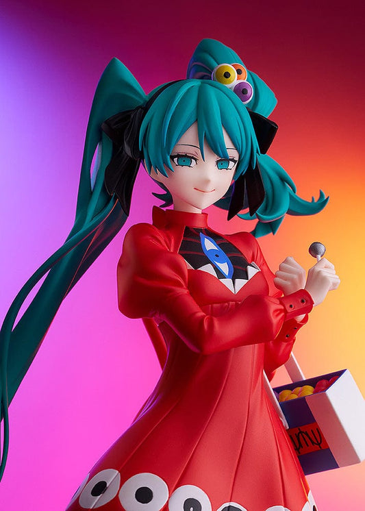 Vocaloid Pop Up Parade L Miku Hatsune in Psi Version, featuring a red eye-patterned dress and turquoise twintails, holding a candy dispenser, perfect for collectors and fans of Miku's dynamic personality.