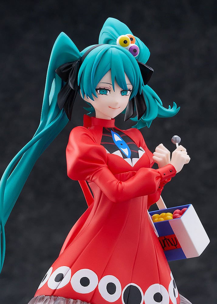 Vocaloid Pop Up Parade L Miku Hatsune in Psi Version, featuring a red eye-patterned dress and turquoise twintails, holding a candy dispenser, perfect for collectors and fans of Miku's dynamic personality.